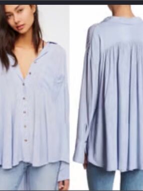 Free People Light Blue Pleated Button-Down Shirt